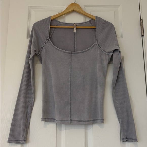 Free people Angie ribbed square neck shirt raw edges long sleeves grey sz medium - Picture 3 of 13